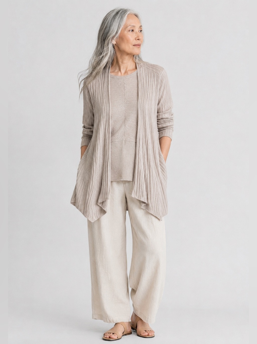 Eileen Fisher Beige Ribbed Open-Front Cardigan